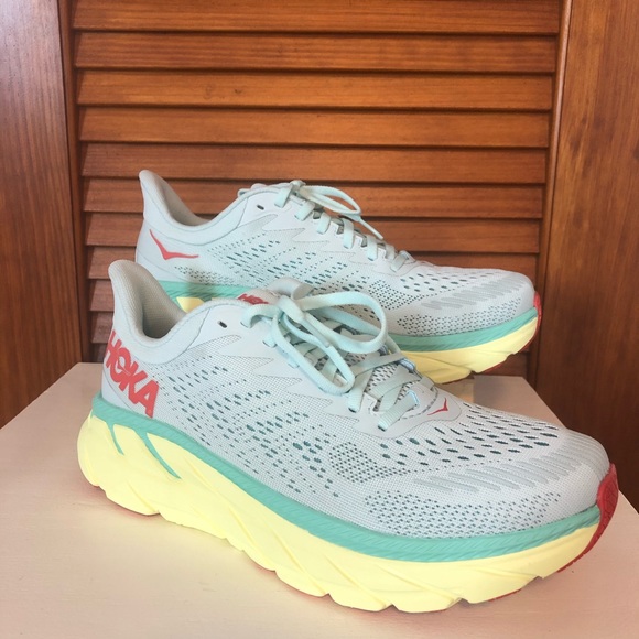 Hoka One One Shoes - Hoka One One Clifton 7 Morning Mist/Hot Coral